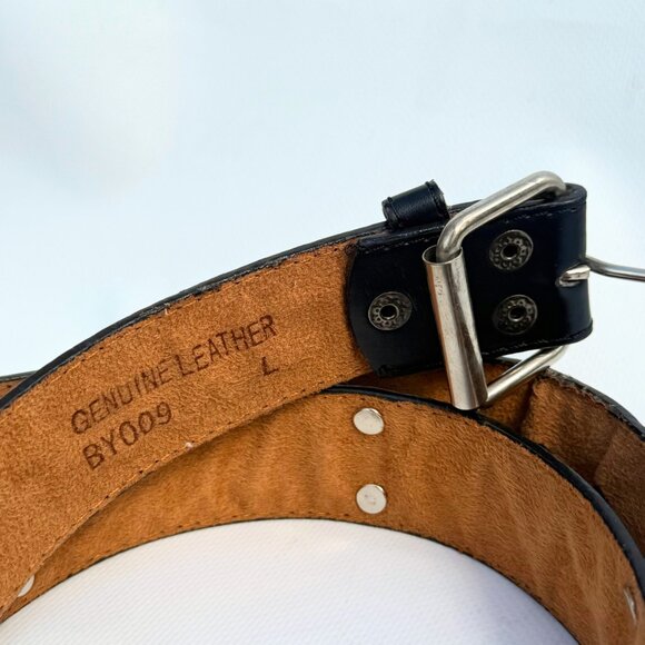 Black Leather Belt w/ Chrome Skull Head Conchos – Size L - Picture 4 of 8